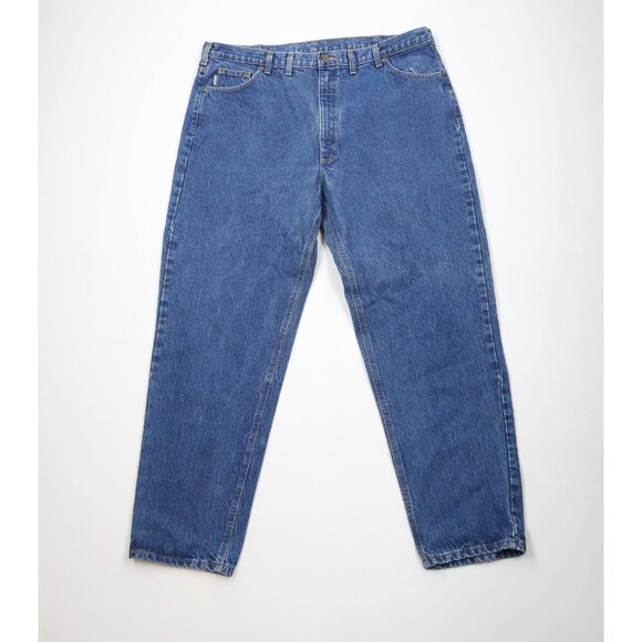 Vintage Y2K Carhartt Mens 44x32 Faded Spell Out Tapered Leg Denim Jeans Blue